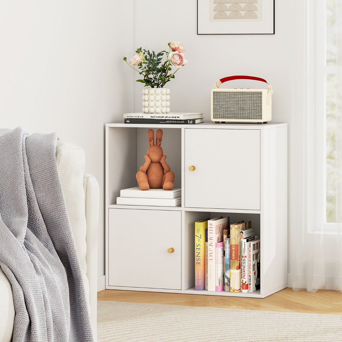 3-Tier Bookshelf with Dual Anti-Tipping Kits and 2 Cabinets-Grey