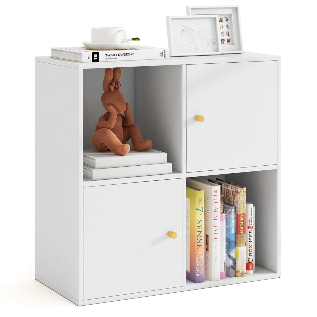 3-Tier Bookshelf with Dual Anti-Tipping Kits and 2 Cabinets-Grey
