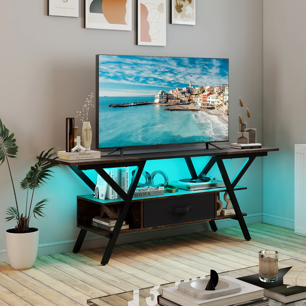 3-Tier Entertainment Center with LED Lights and Power Outlets-Black