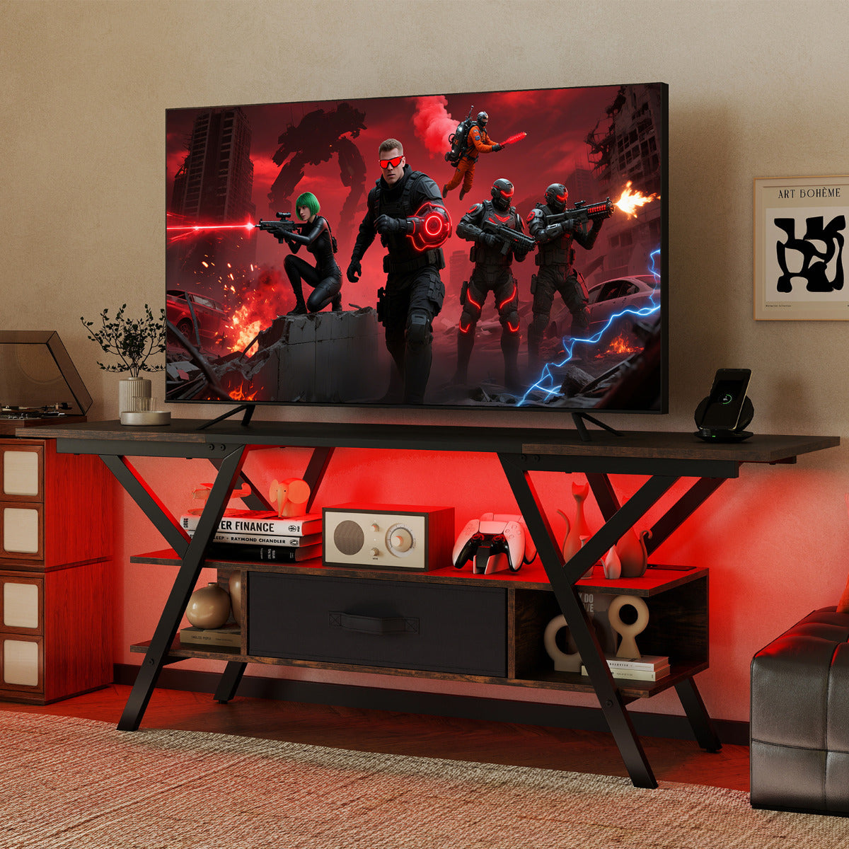 3-Tier Entertainment Center with LED Lights and Power Outlets-Black