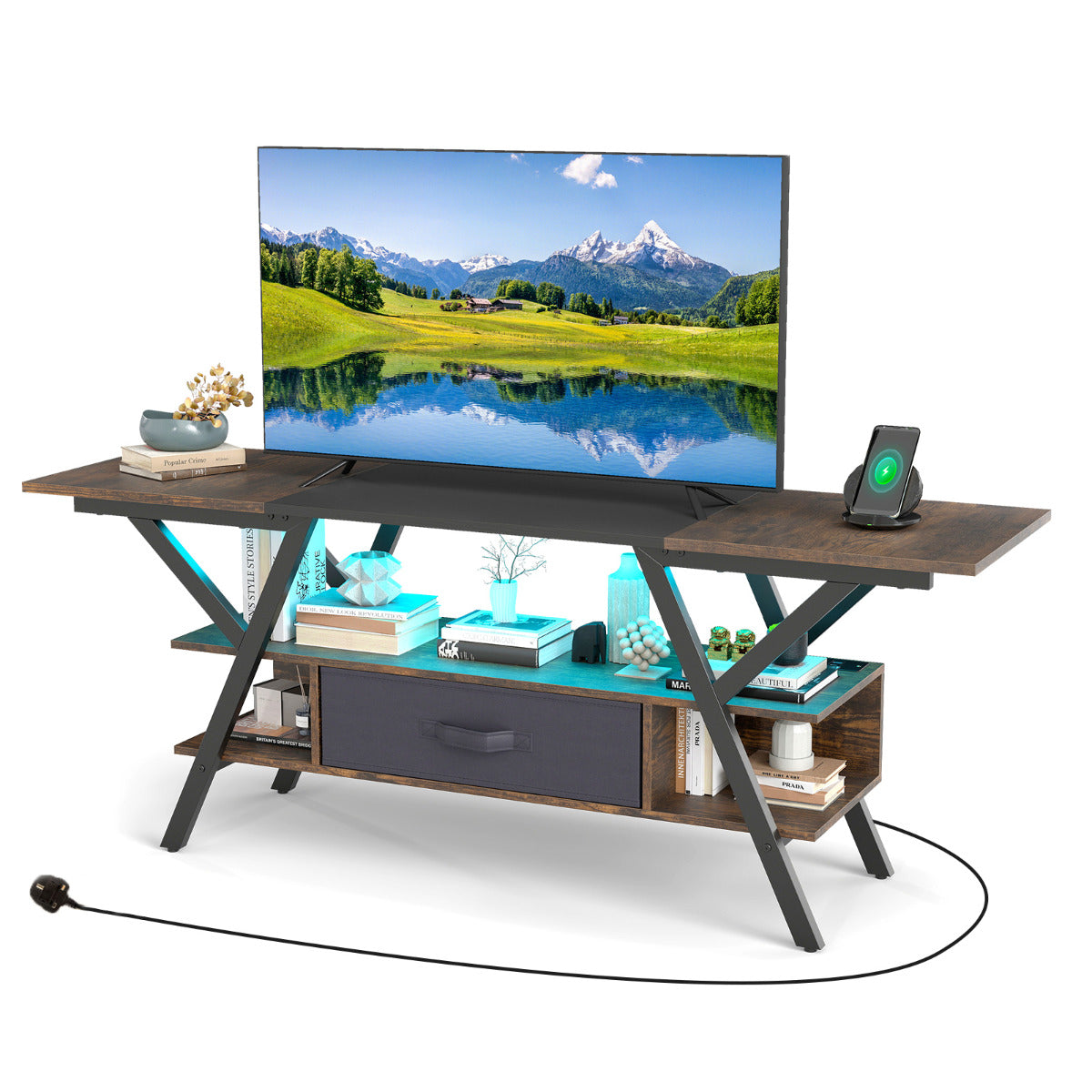 3-Tier Entertainment Center with LED Lights and Power Outlets-Black