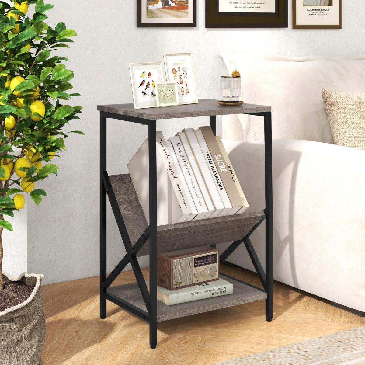 3-Tier Record Player Stand with V-Shaped Magazine Holder-Rustic Brown