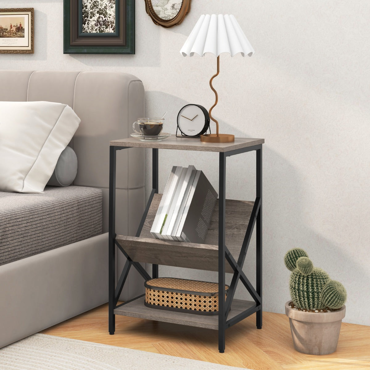 3-Tier Record Player Stand with V-Shaped Magazine Holder-Rustic Brown