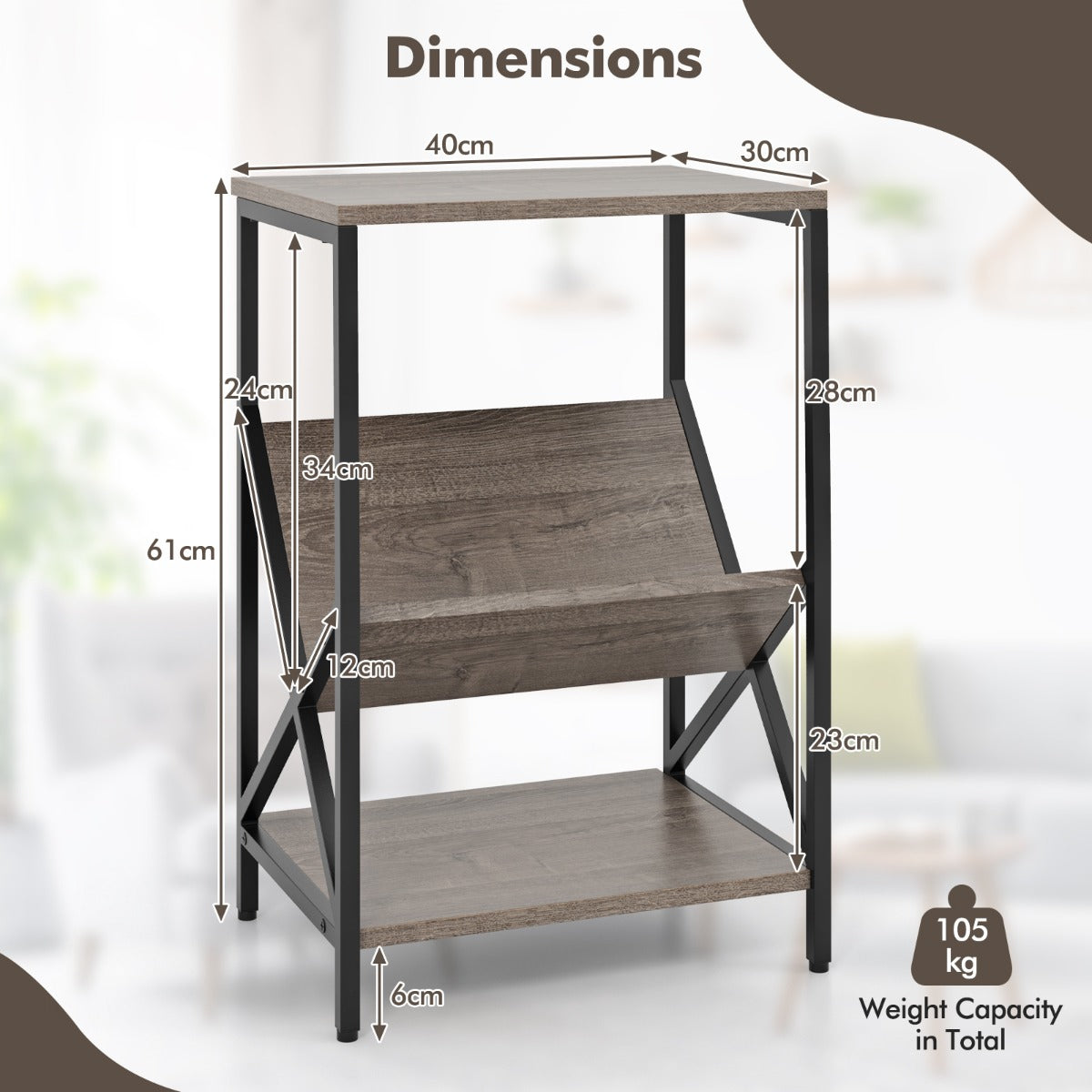 3-Tier Record Player Stand with V-Shaped Magazine Holder-Rustic Brown
