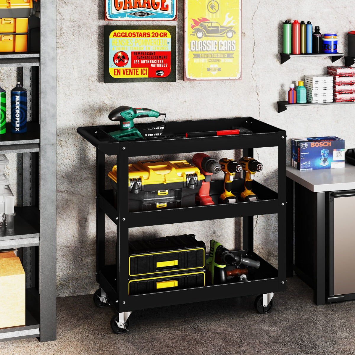3-Tier Tool Trolley with Handle and Lockable Wheels-Red