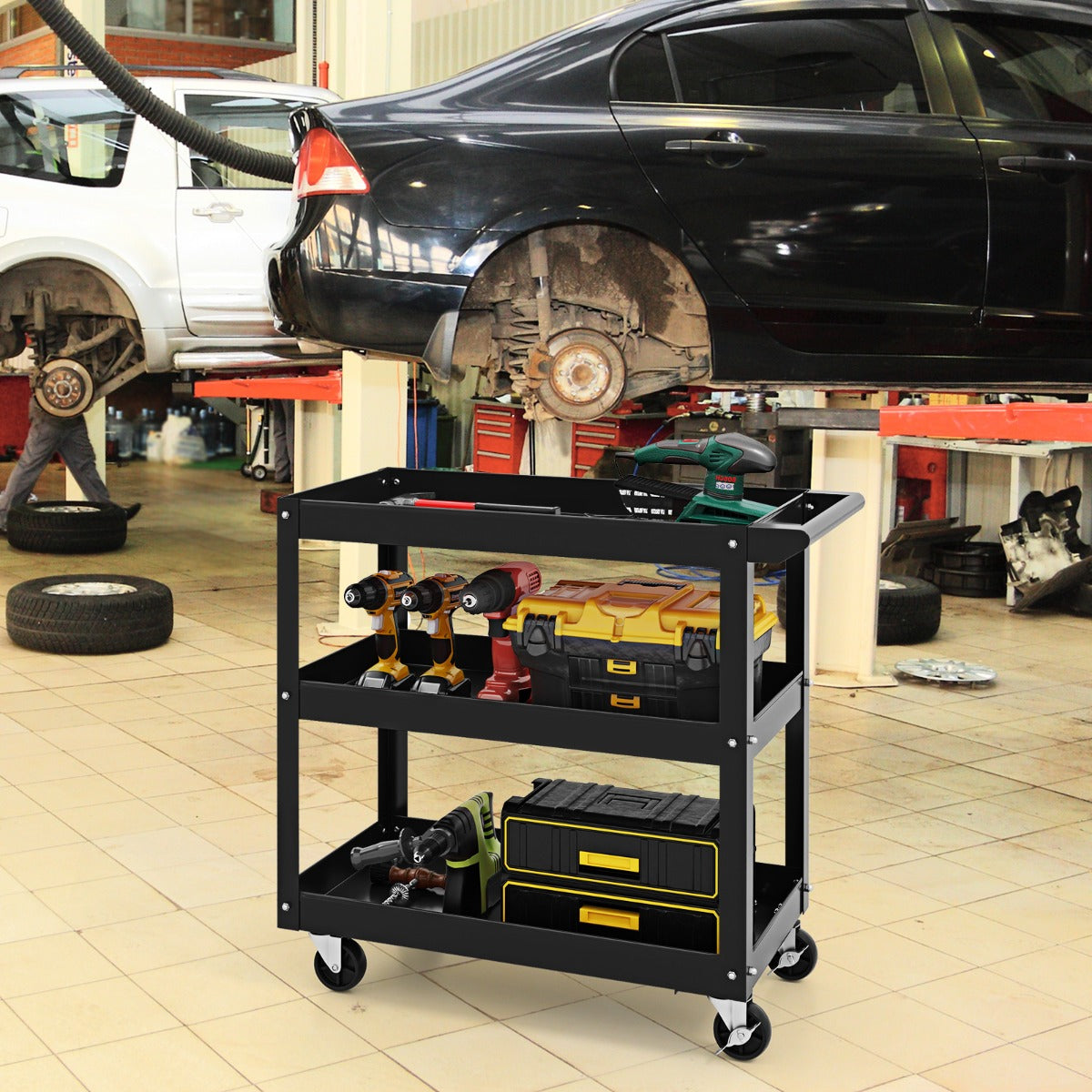 3-Tier Tool Trolley with Handle and Lockable Wheels-Red