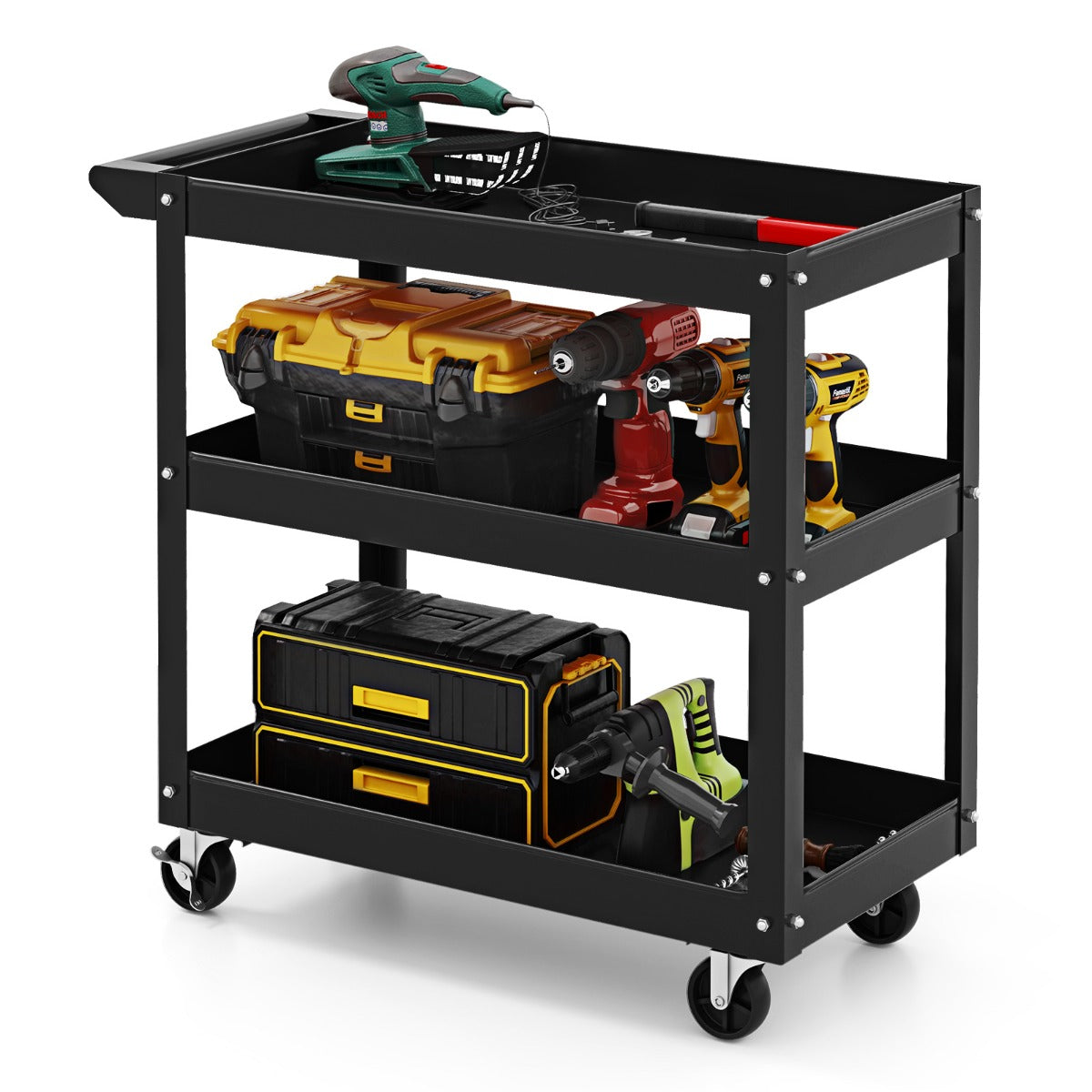 3-Tier Tool Trolley with Handle and Lockable Wheels-Red