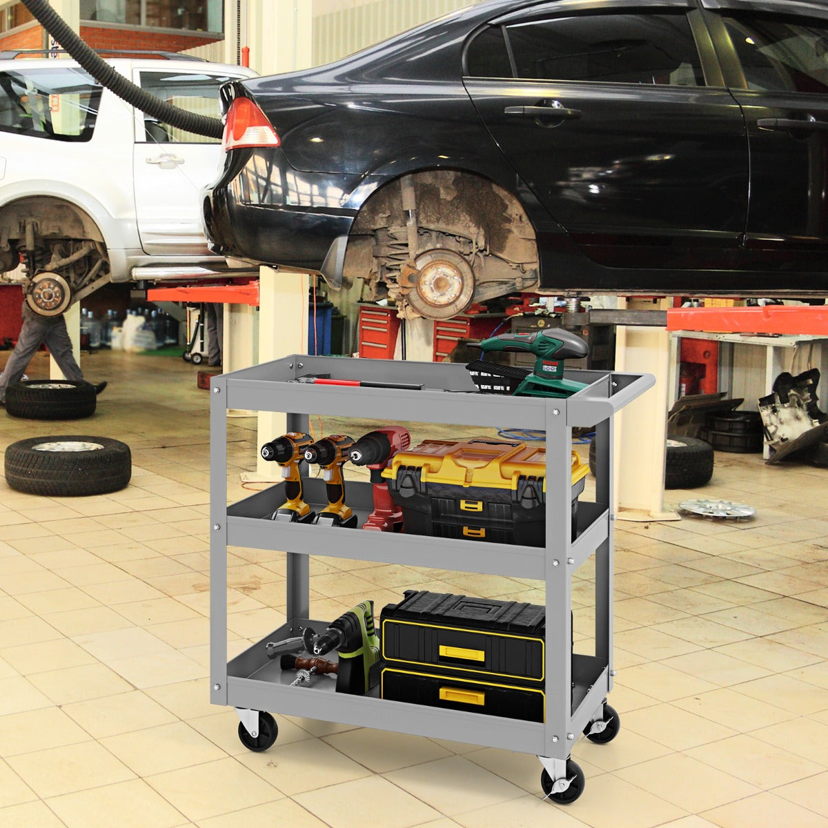 3-Tier Tool Trolley with Handle and Lockable Wheels-Red