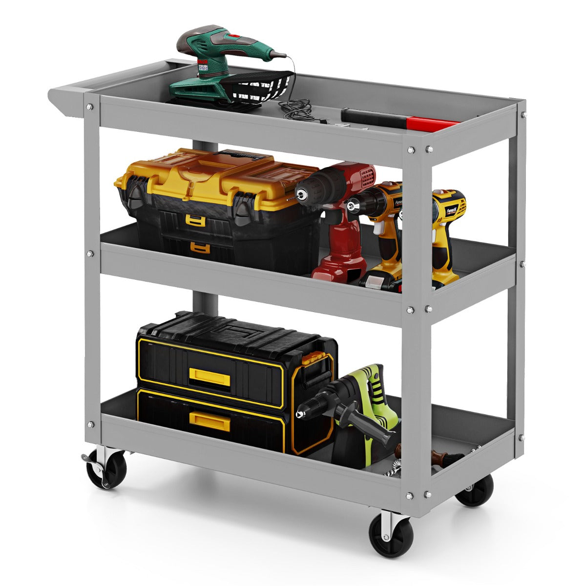 3-Tier Tool Trolley with Handle and Lockable Wheels-Red