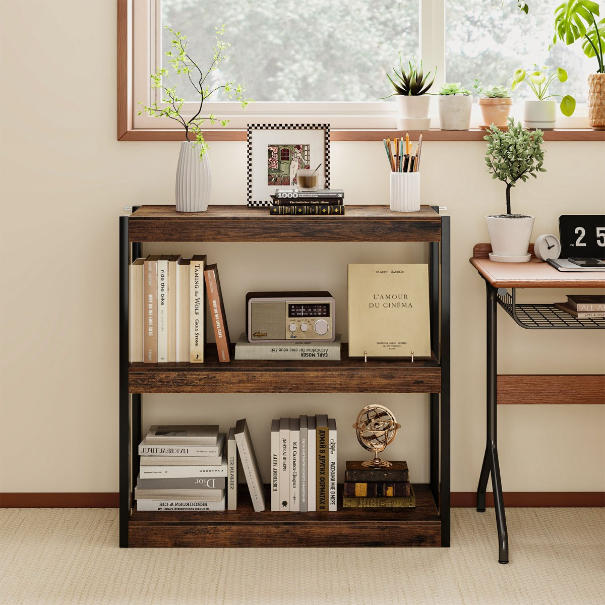 3 Tier Wooden Bookcase with Dual Anti-Tipping Kits and Open Shelving Unit-Rustic Brown
