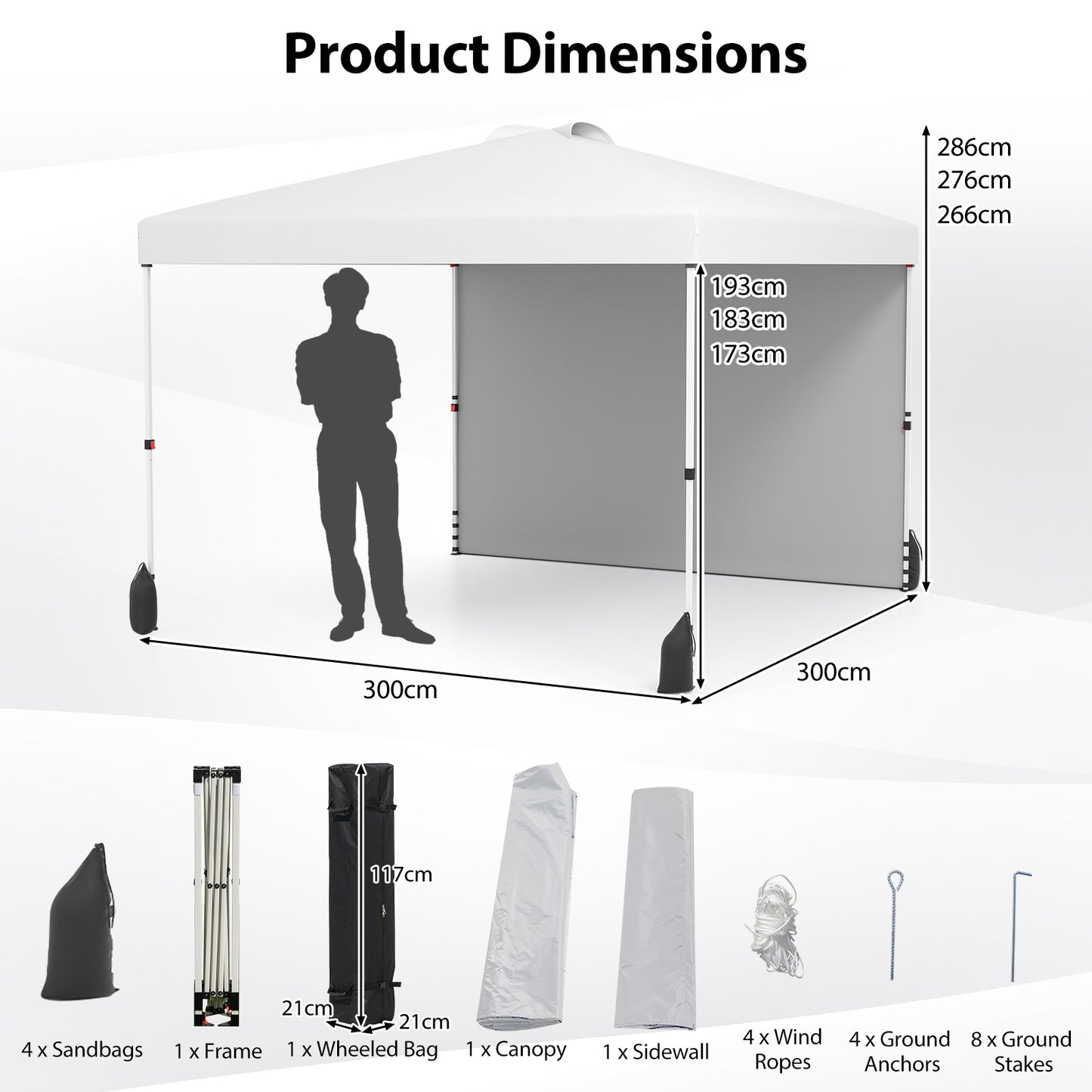 3 x 3 m Pop up Canopy Tent with 1 Sidewall Wheeled Bag-Grey