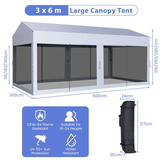 3 x 6 m Pop-Up Canopy UV Screen House Party Tent with Removable Sidewalls-White