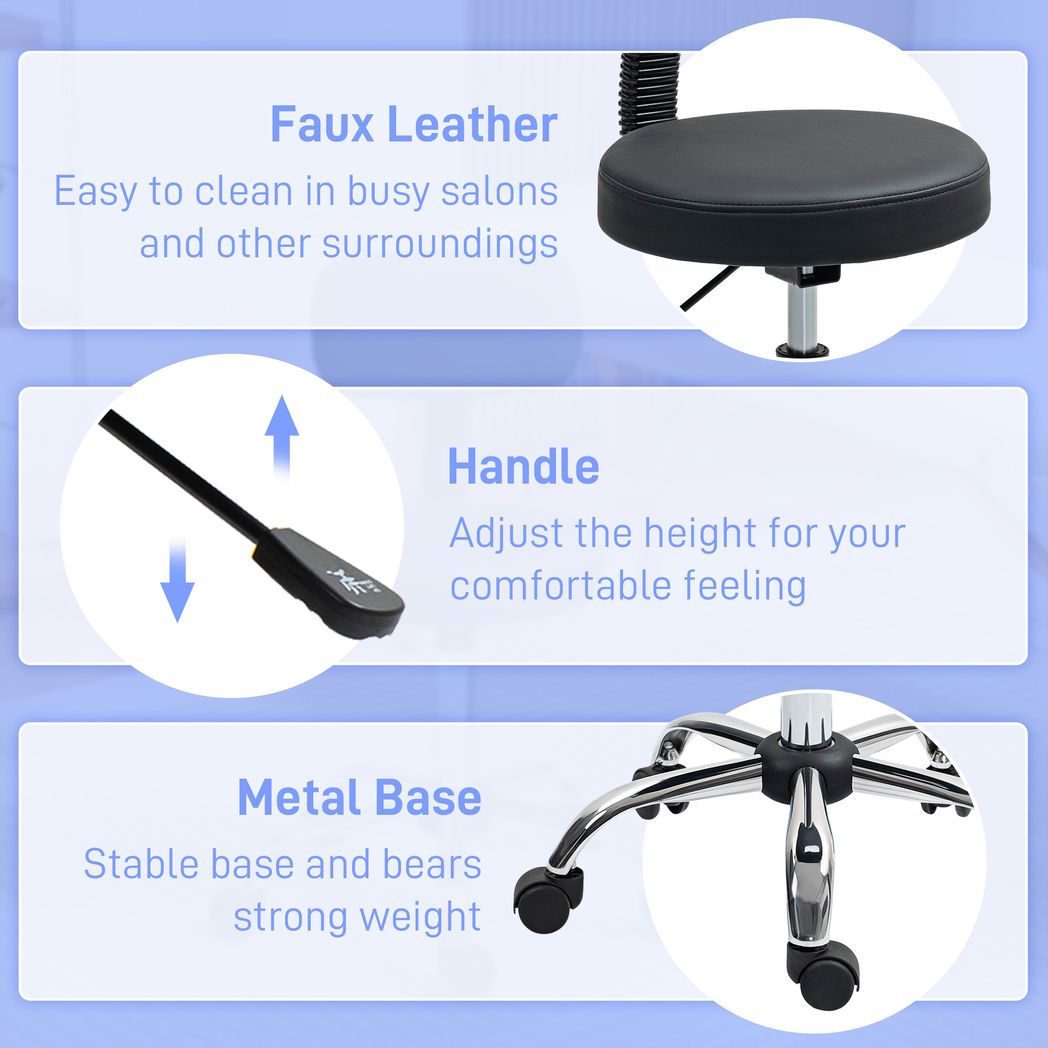 HOMCOM Rolling Stool with Backrest, Wheels, Faux Leather Salon Chair
