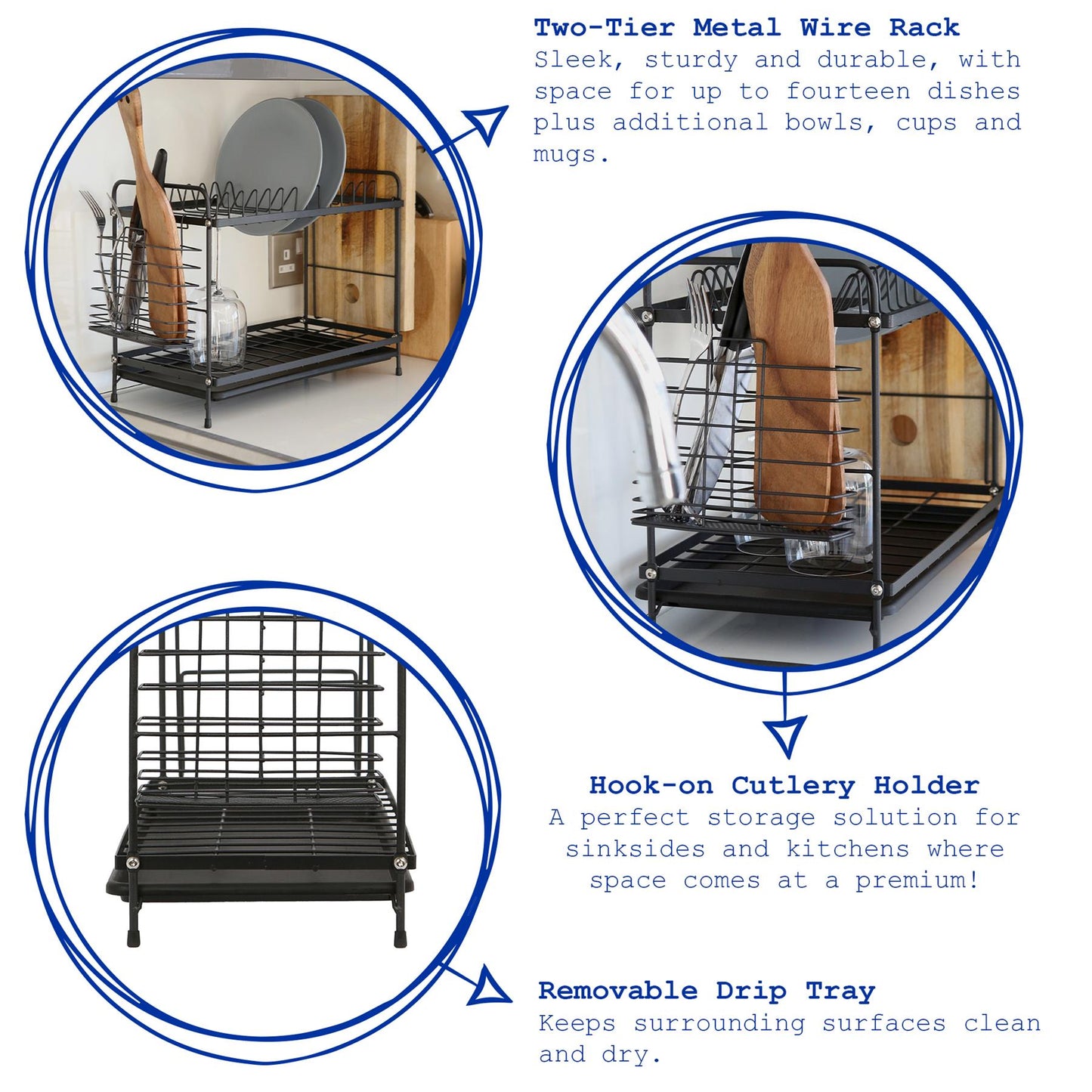 Metal 2-Tier Dish Drainer Rack with Drip Tray - Black