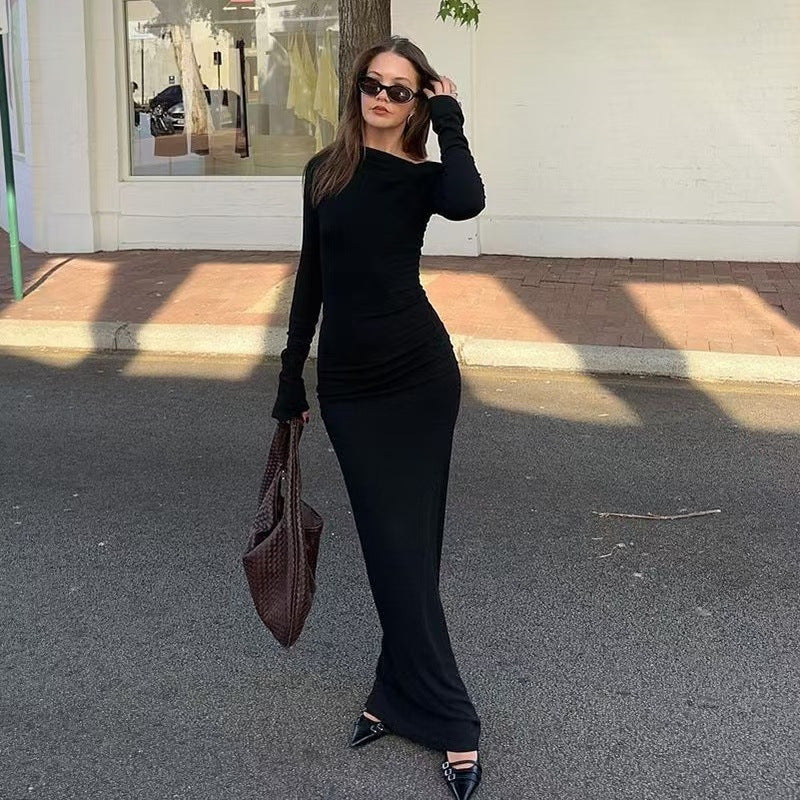 Women's OffshoulderLong-sleeve Figurehugging Pleated Maxi Dress