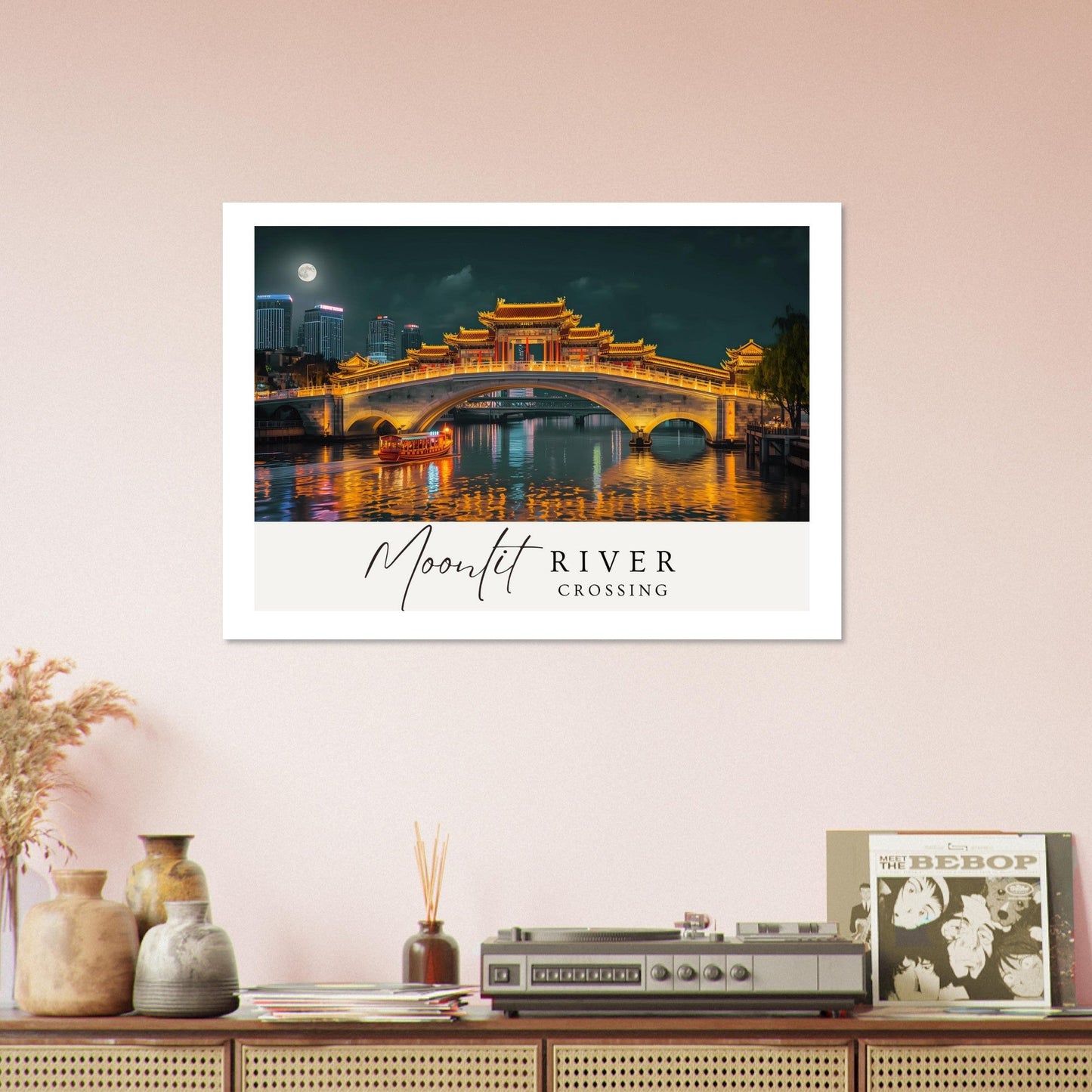 Moonlit River Crossing Poster - Illuminated Bridge Night Scene - Modern Landscape Wall Art Print