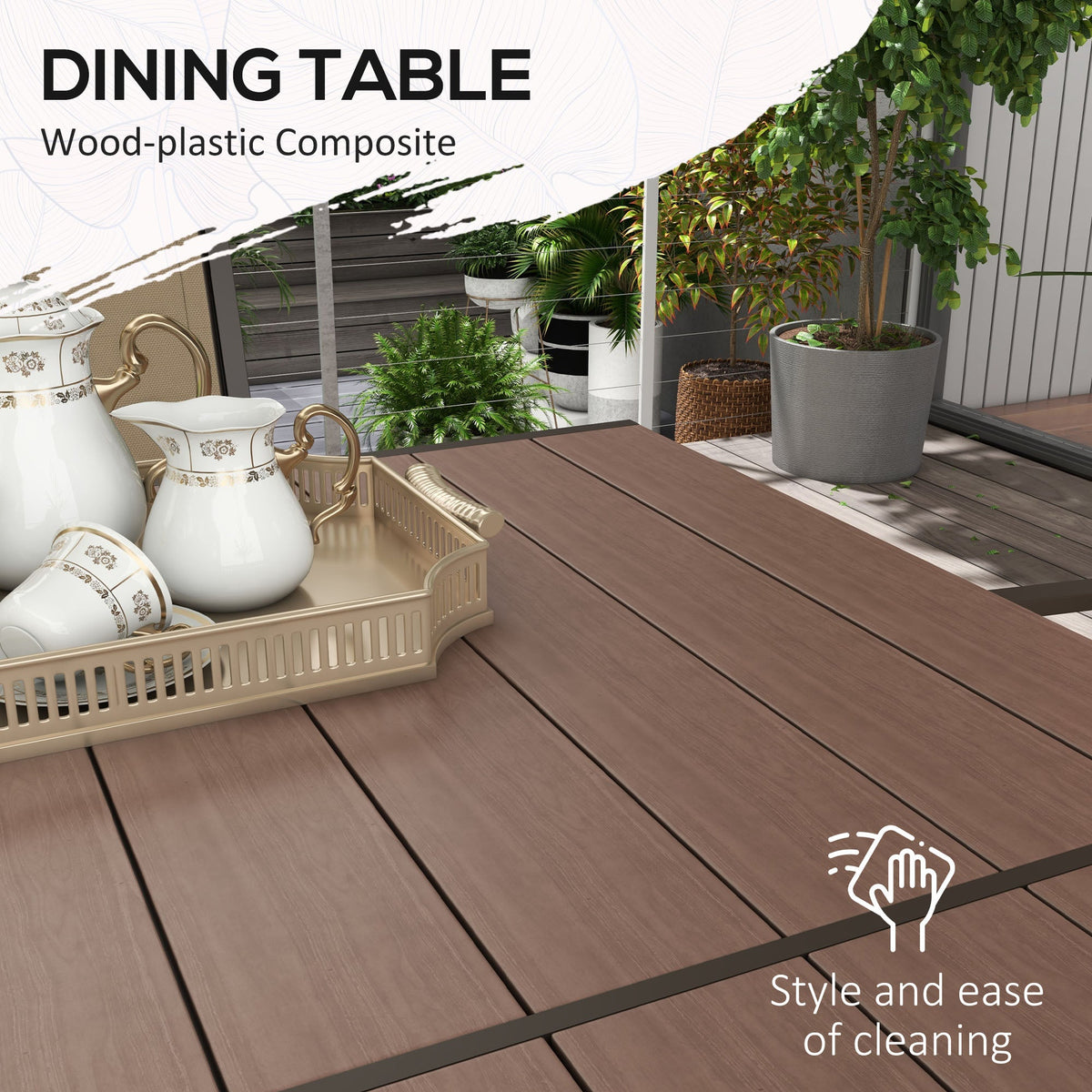 Outsunny 7 PCs Garden Dining Set, Wood-plastic Composite Table & 6 Chairs, Khaki
