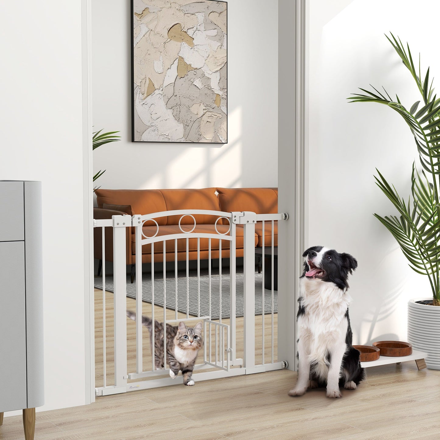 PawHut Stair Gate with Cat Door, Adjustable Width 76-104cm & 77cm Tall