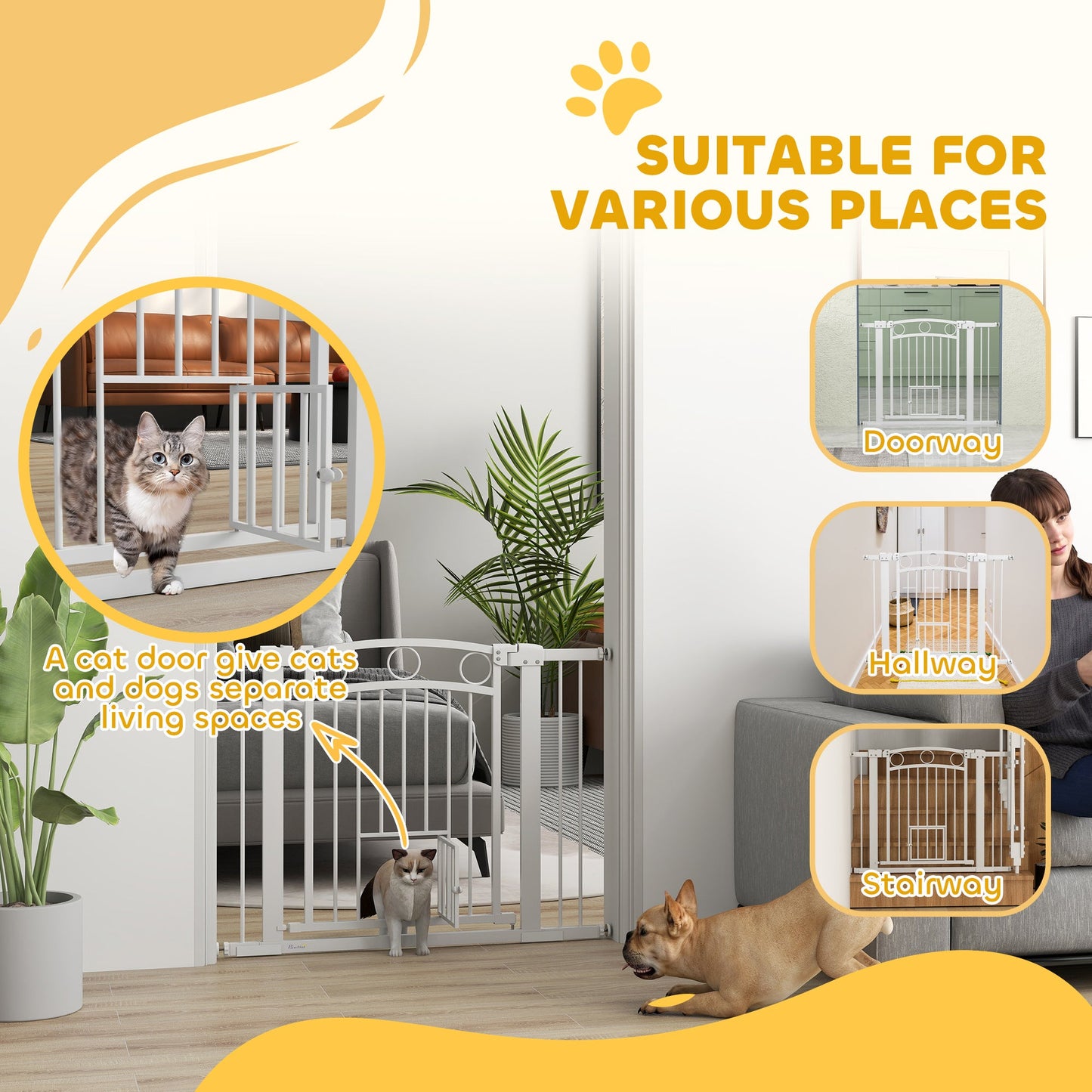 PawHut Stair Gate with Cat Door, Adjustable Width 76-104cm & 77cm Tall