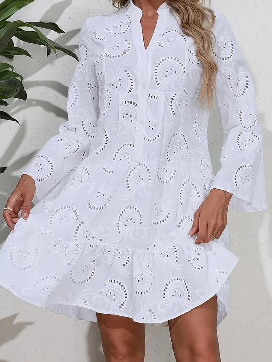 European And American Women's Spring And Summer Solid Color V-Neck Loose Hollow Sexy Dress Nian Nian
