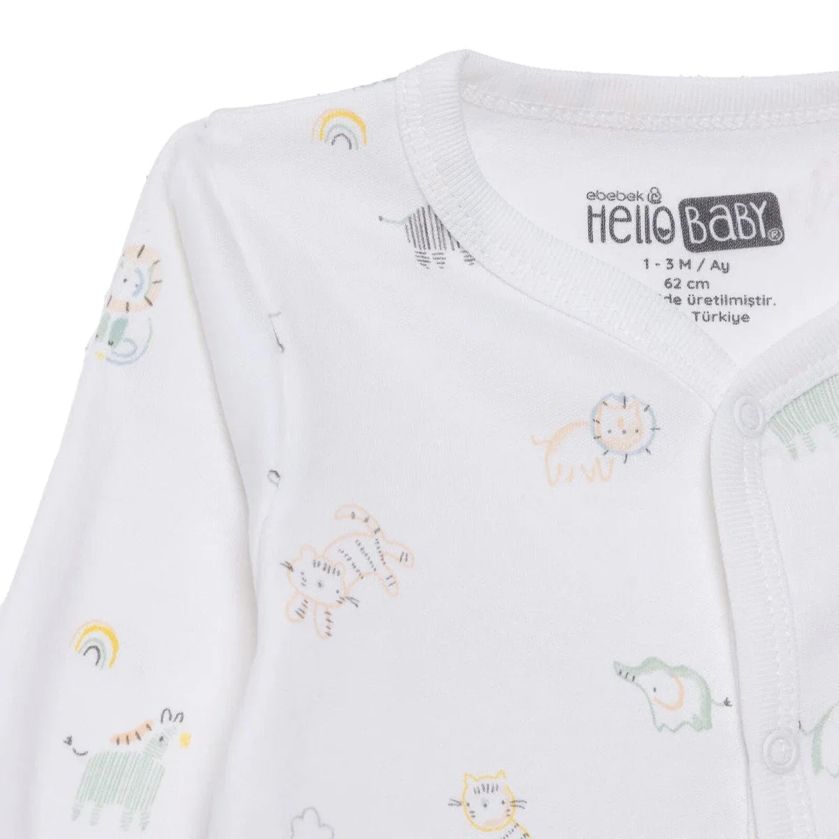 HelloBaby Boys Footed Romper Animal with Poppers Crew Neck Long Leg Long Sleeve - White Printed