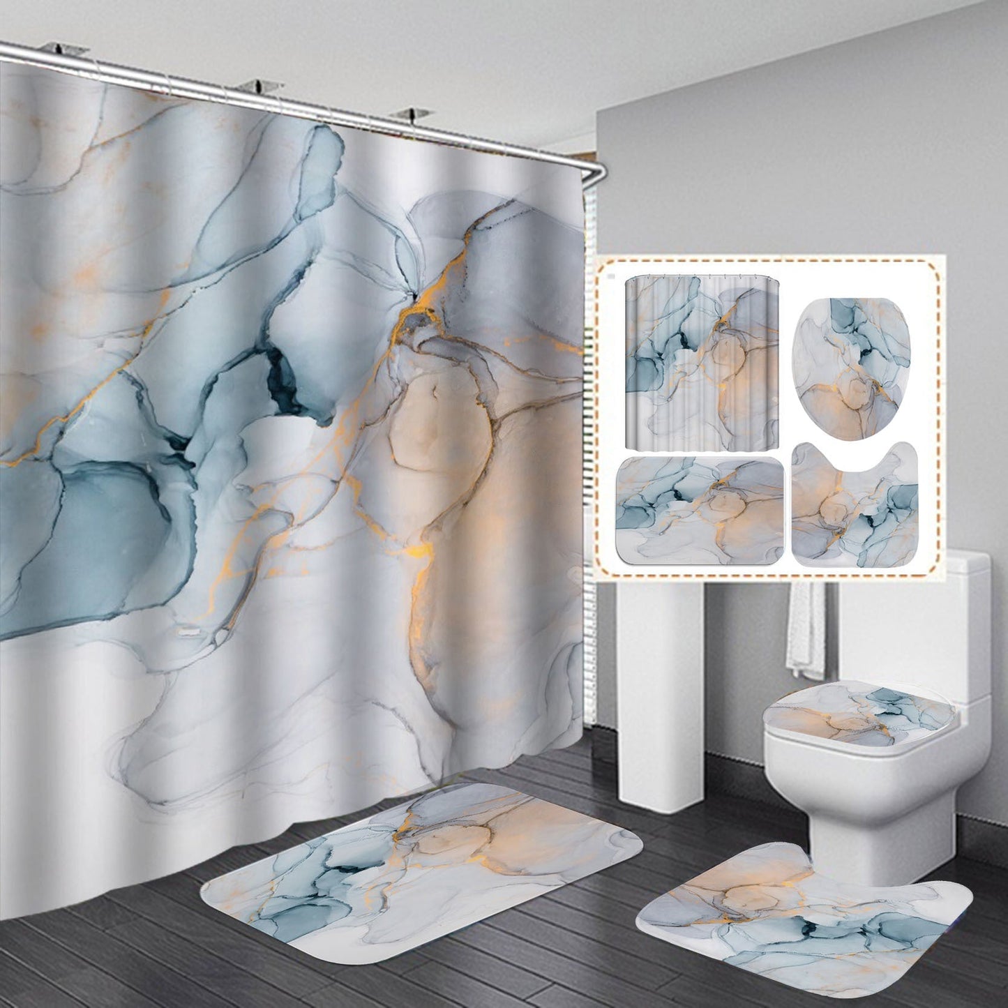 3D Waterproof Bath Curtain Set, Flannel Bath Mat, Home Decor