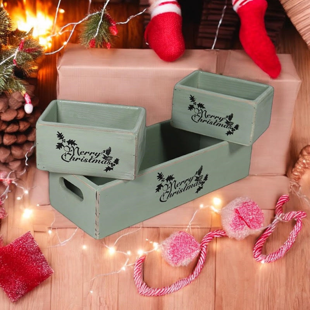 34/15/15CM SET 3 RUSTIC GREEN WOODEN BOXES