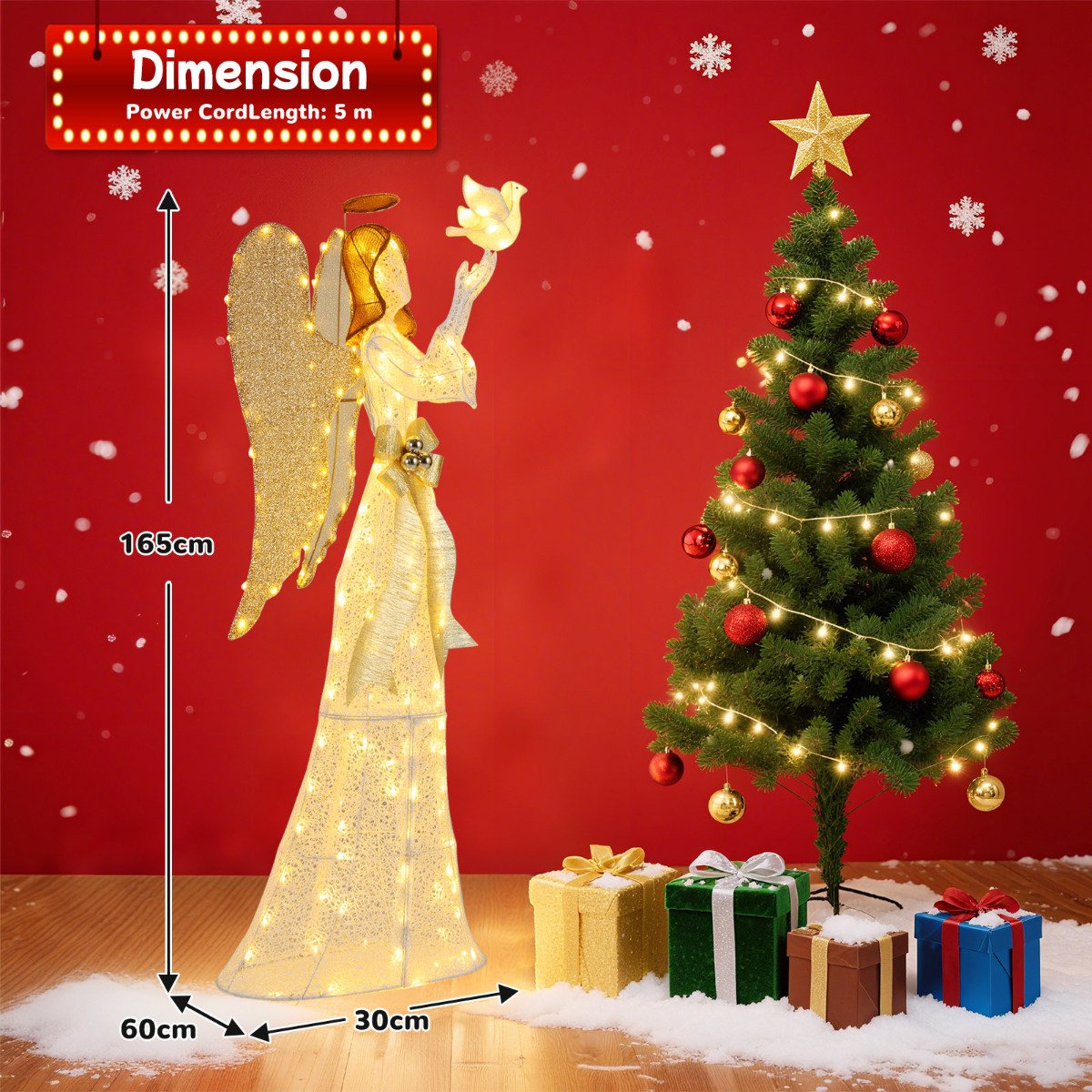 3D Lighted Angel Christmas Decoration with Pigeon and Golden Wings