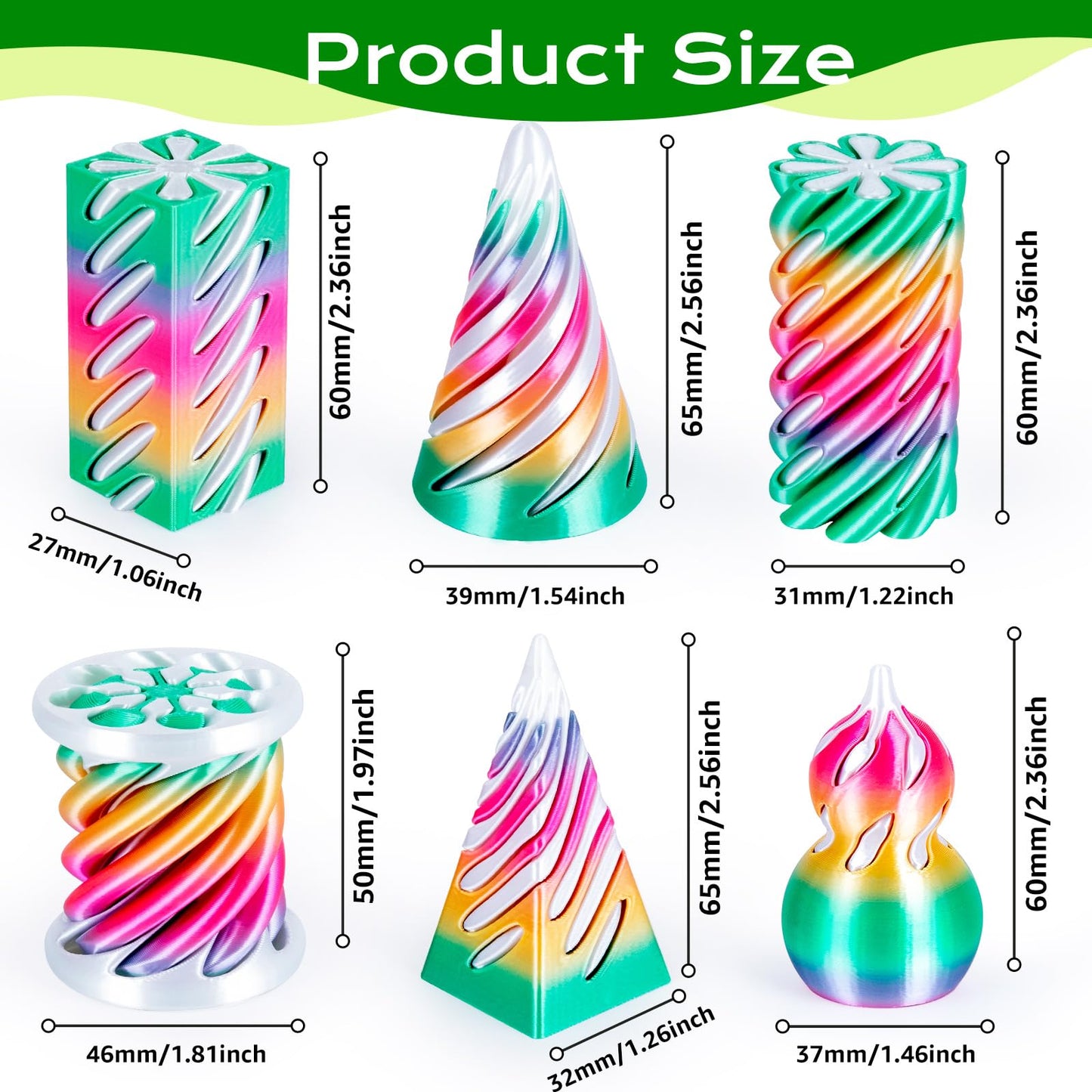 3Dgenius 6-Pack Spiral Fidget Toys | 3D Printed Impossible Cone, Pyramid & More