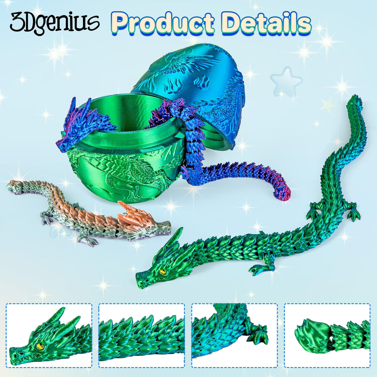 3Dgenius 3.94-Inch Large Dragon Egg with 3 Inside Dragons | 3D Printed Dragon Toys for Kids & Adults, Home Decor