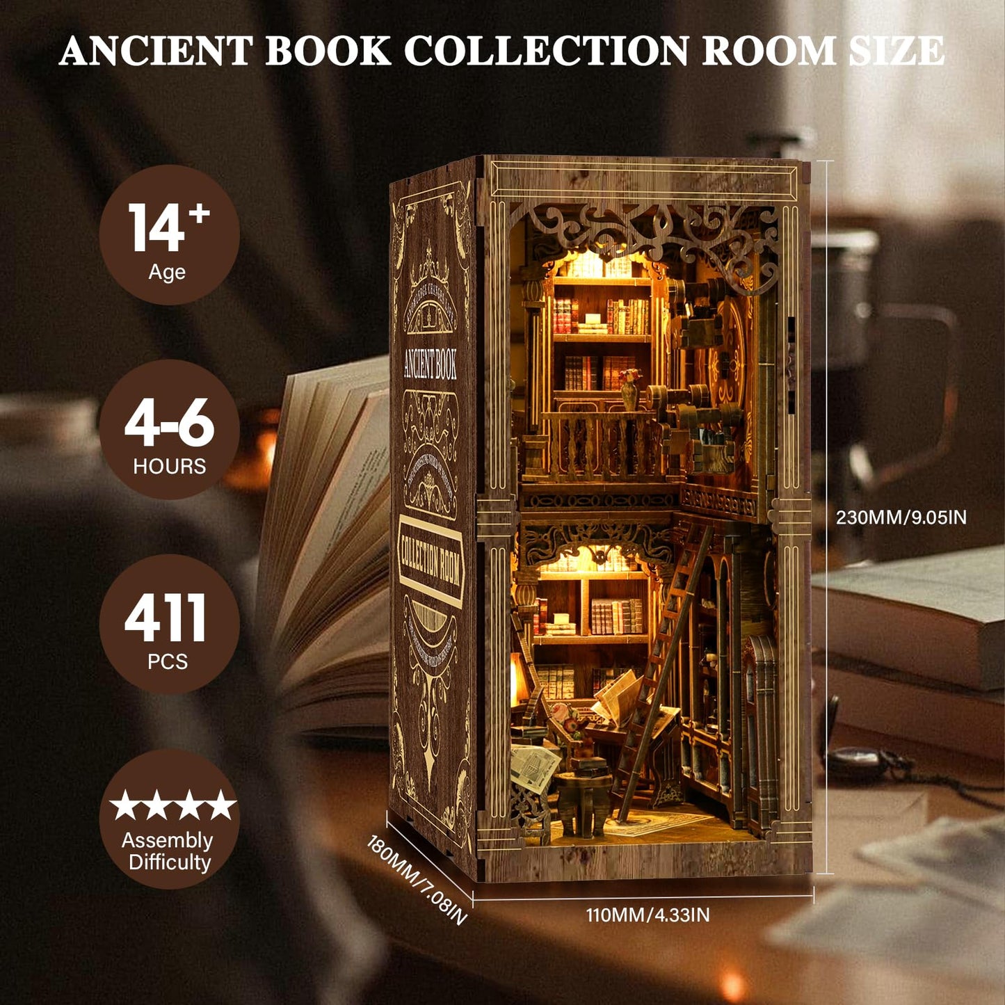 3DVASE Book Nook Kit for Adults – DIY Miniature Dollhouse with LED Light