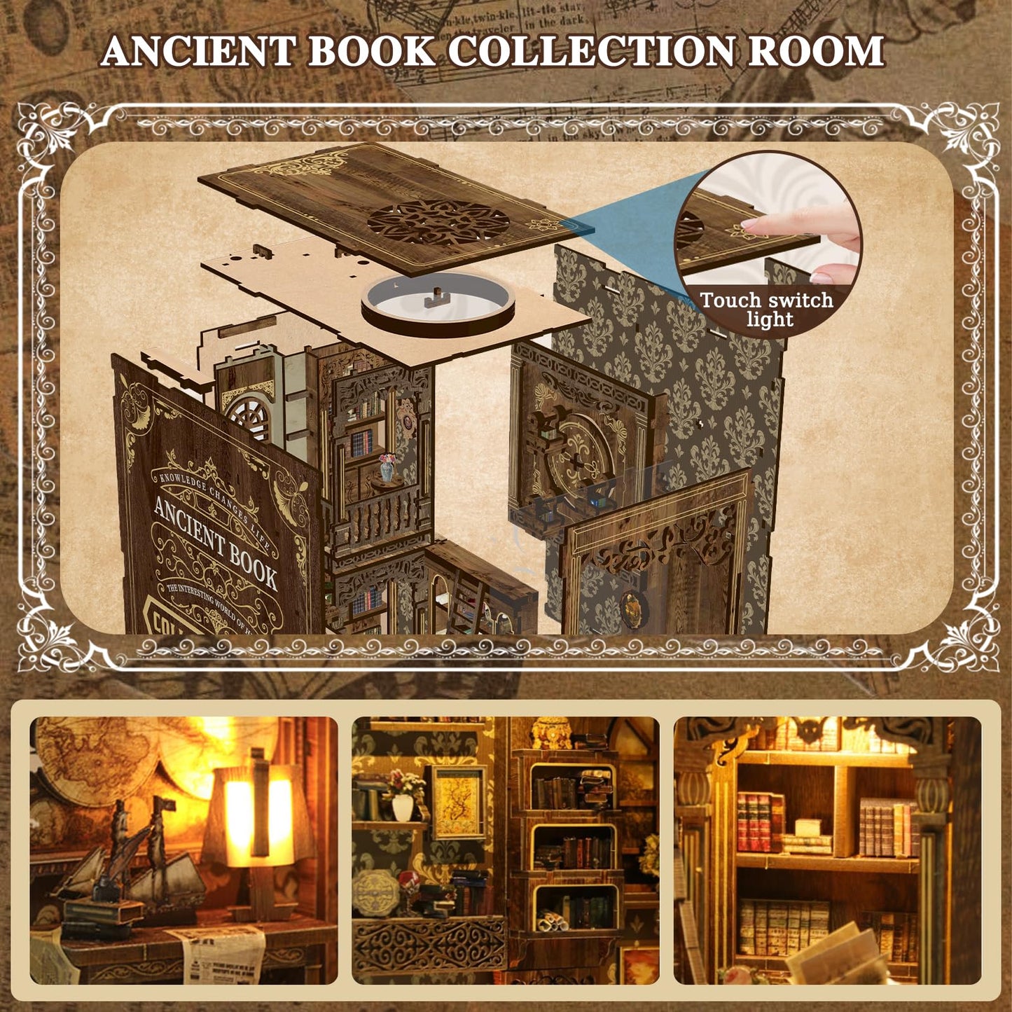 3DVASE Book Nook Kit for Adults – DIY Miniature Dollhouse with LED Light