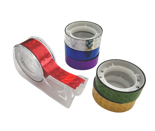 6 X Holographic Adhesive Tape Rolls 10Mm Wide & Dispenser. Christmas Xmas Craft