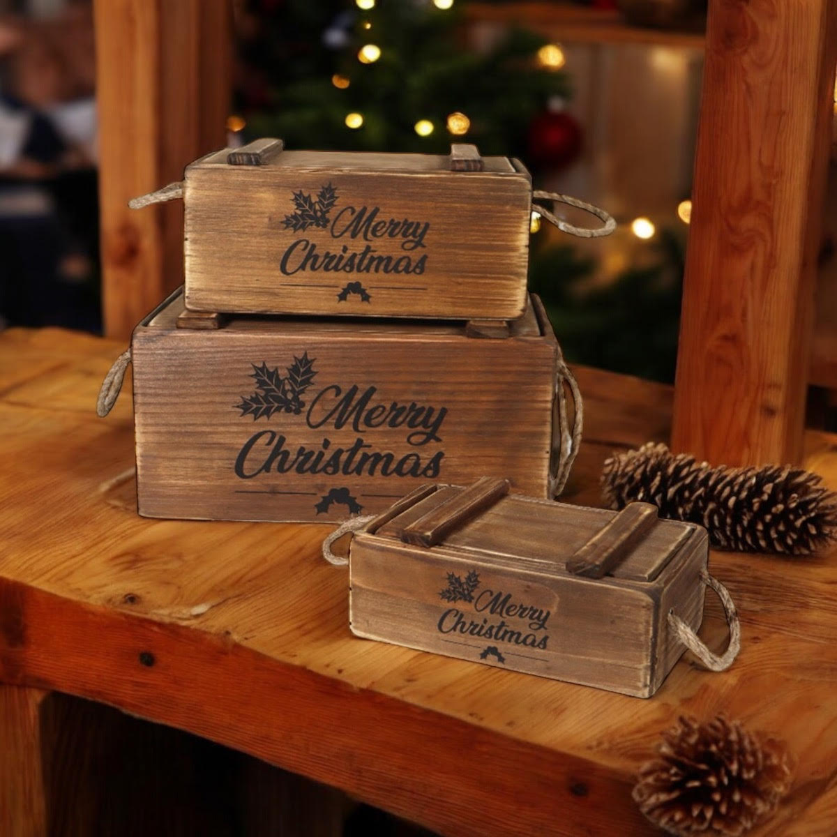 SET 3 WOODEN CRATES WITH LIDS ROPE HANDLES
