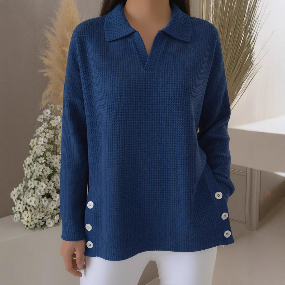 Women's Solid-Color Lapel Pullover Long-Sleeve Top
