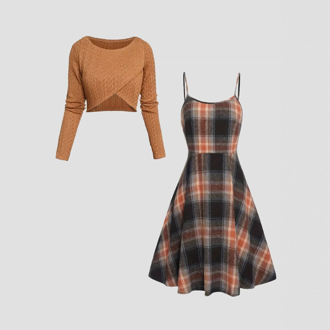 Womens Two-pieces Set, Knitted Long-sleeve Top And Dress