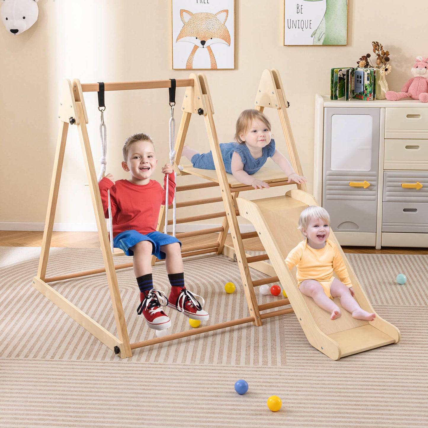 3-in-1 Foldable Indoor Jungle Gym Wooden Climbing Toys with Swing-Multicolor