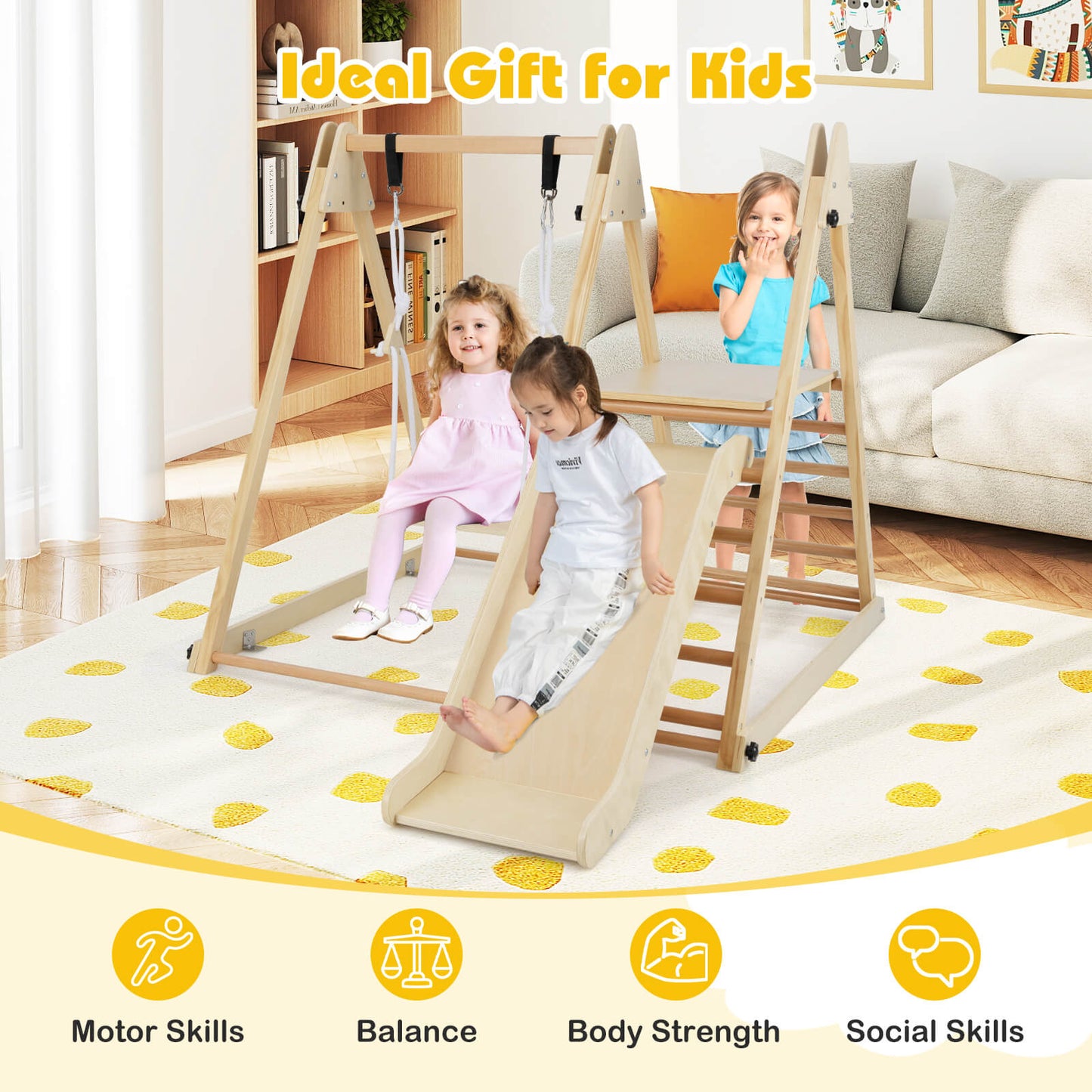 3-in-1 Foldable Indoor Jungle Gym Wooden Climbing Toys with Swing-Multicolor