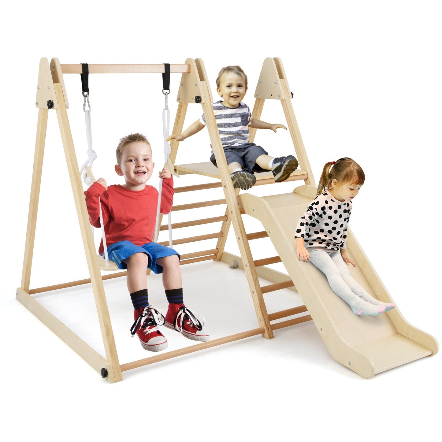 3-in-1 Foldable Indoor Jungle Gym Wooden Climbing Toys with Swing-Multicolor