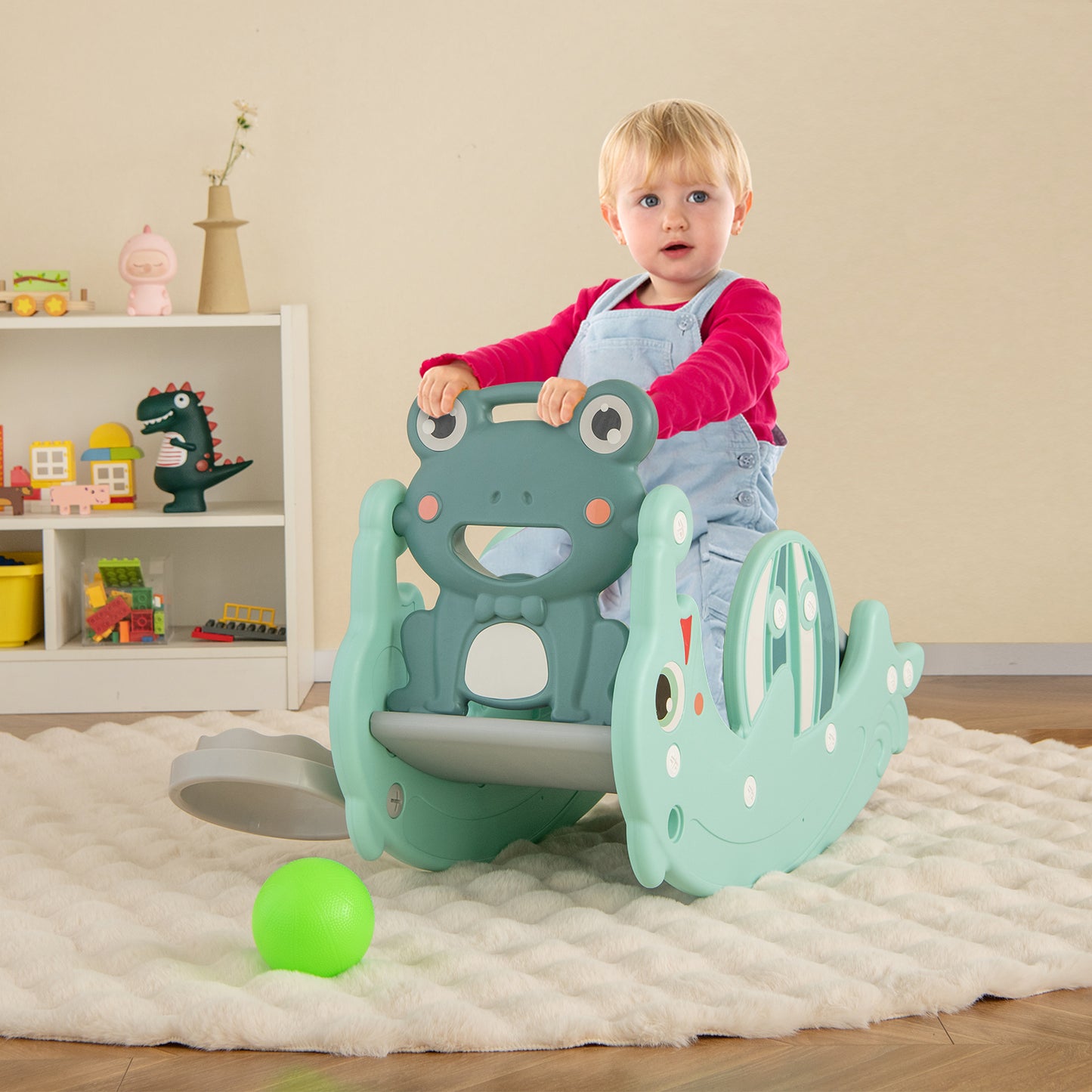 3-in-1 Kids Slide Rocking Horse Set Convertible with Basketball Hoop-Green
