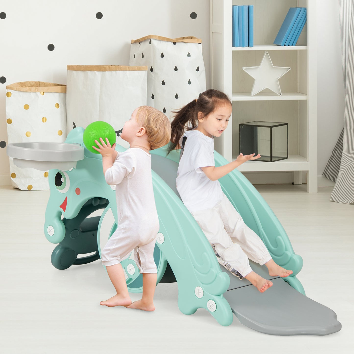 3-in-1 Kids Slide Rocking Horse Set Convertible with Basketball Hoop-Green