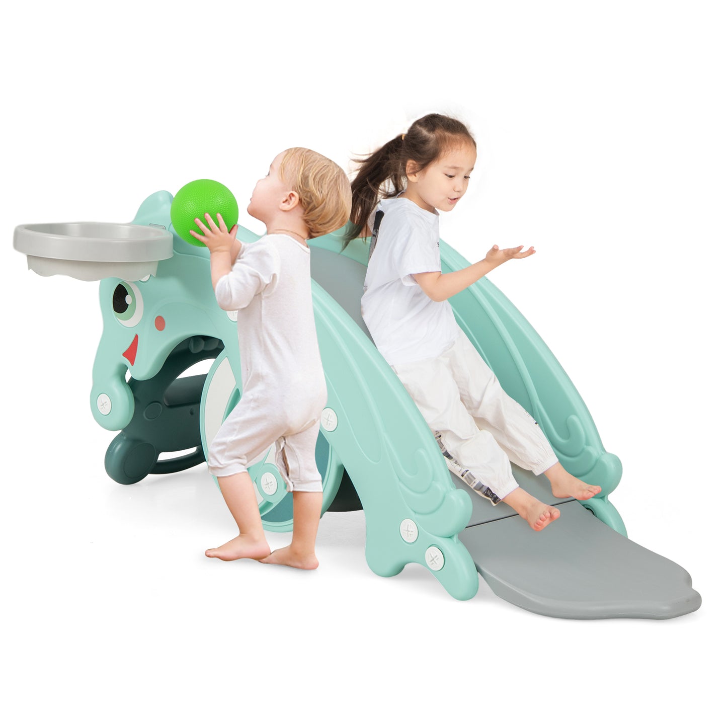 3-in-1 Kids Slide Rocking Horse Set Convertible with Basketball Hoop-Green