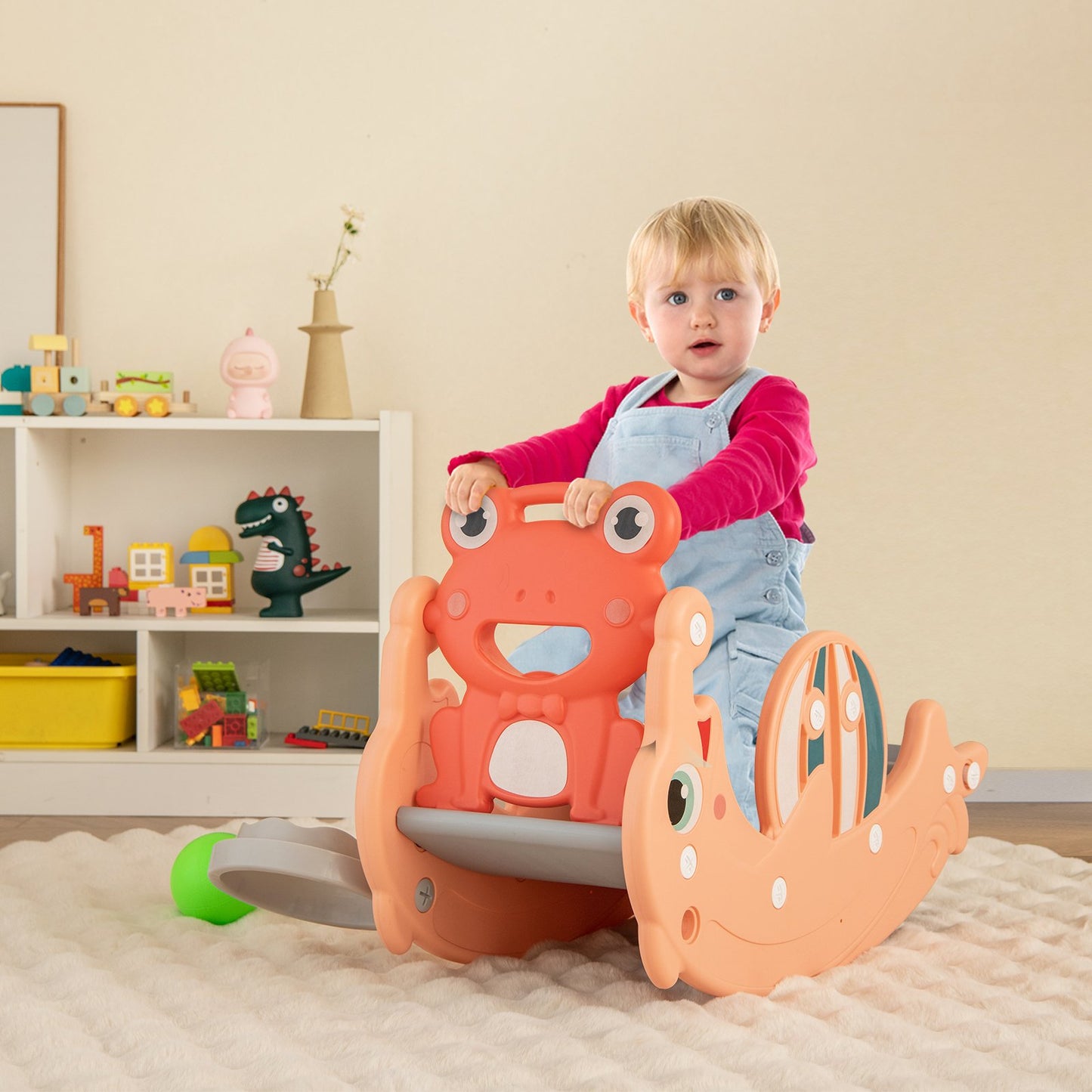 3-in-1 Kids Slide Rocking Horse Set Convertible with Basketball Hoop-Green