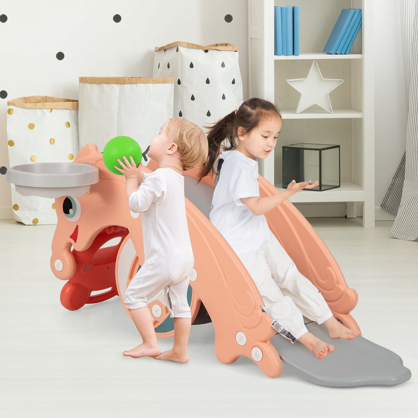 3-in-1 Kids Slide Rocking Horse Set Convertible with Basketball Hoop-Green