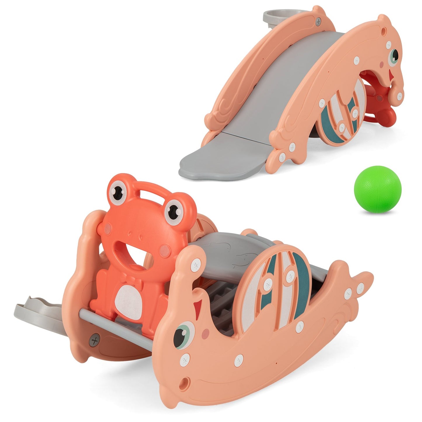 3-in-1 Kids Slide Rocking Horse Set Convertible with Basketball Hoop-Green