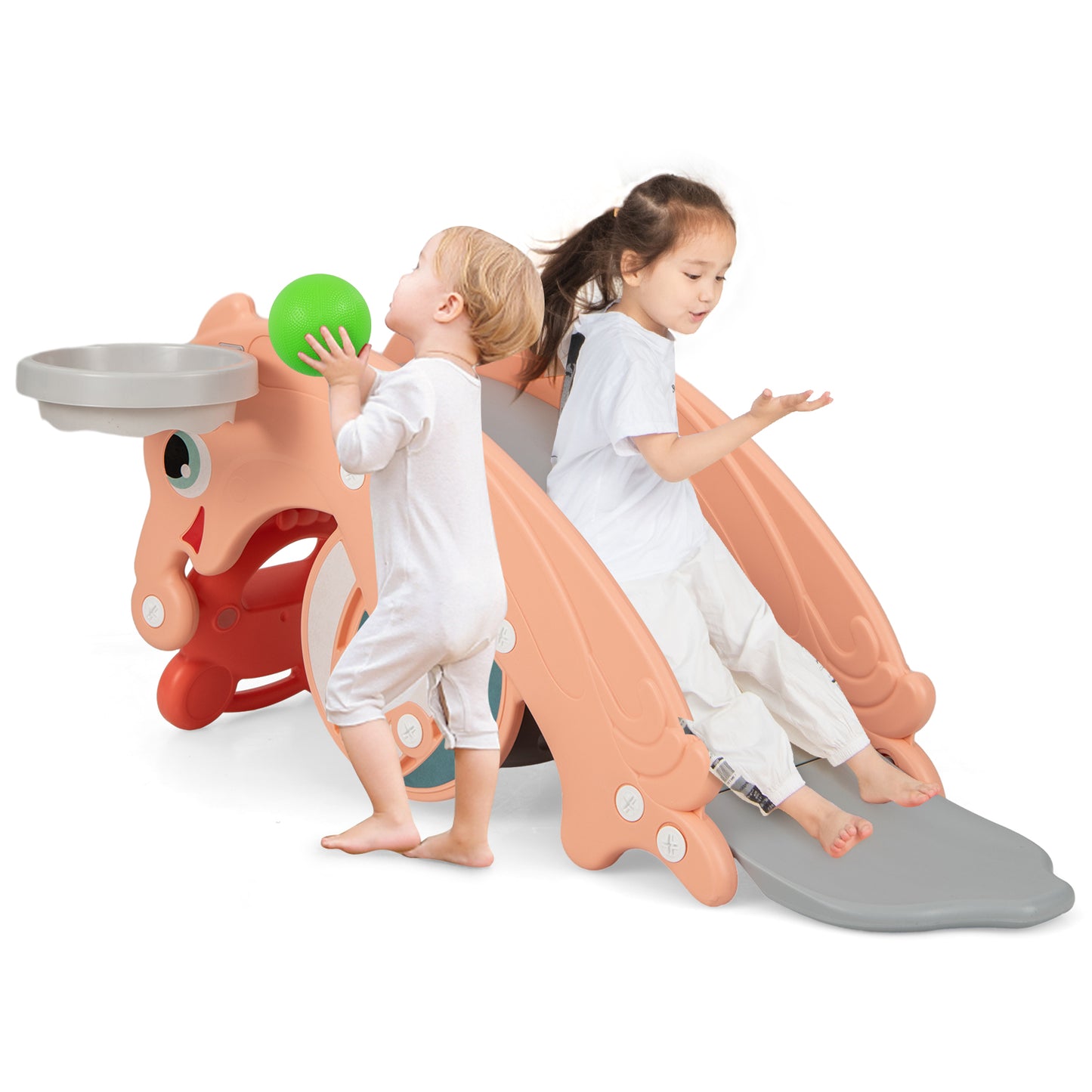 3-in-1 Kids Slide Rocking Horse Set Convertible with Basketball Hoop-Green