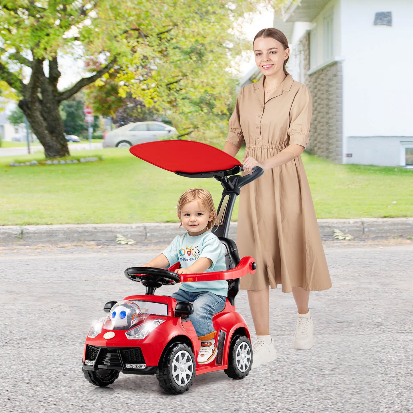3-in-1 Push Car for Toddler Sliding Car with Seat Belt and Canopy-Pink