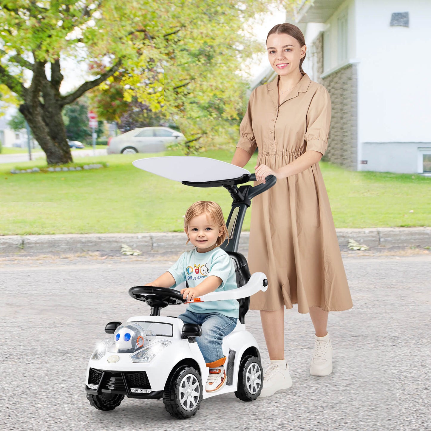 3-in-1 Push Car for Toddler Sliding Car with Seat Belt and Canopy-Pink