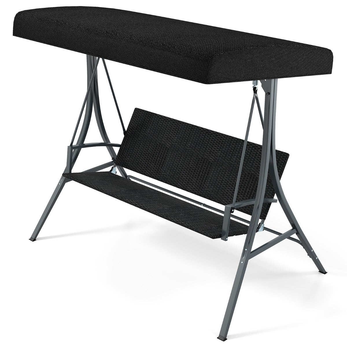 3-Person Porch Swing with Stand Adjustable Canopy Swing with Rattan Seat-Black