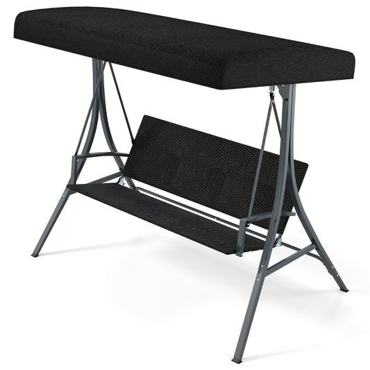 3-Person Porch Swing with Stand Adjustable Canopy Swing with Rattan Seat-Black
